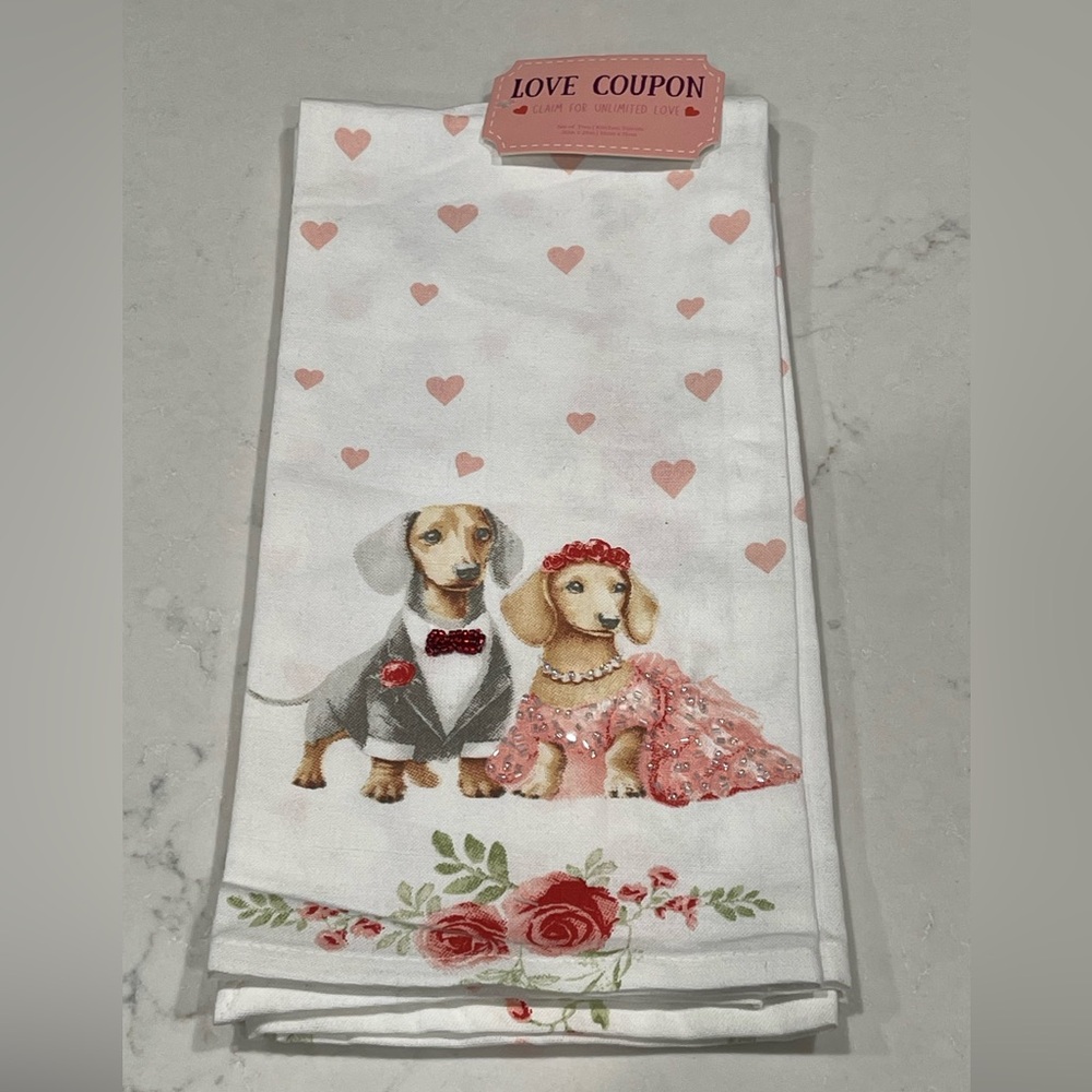 Dachshund Decorative Towel with Heart and Floral Design.